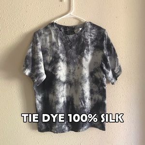 100% Silk Vintage custom Tie Dye Black and Cream Blouse - crew neck